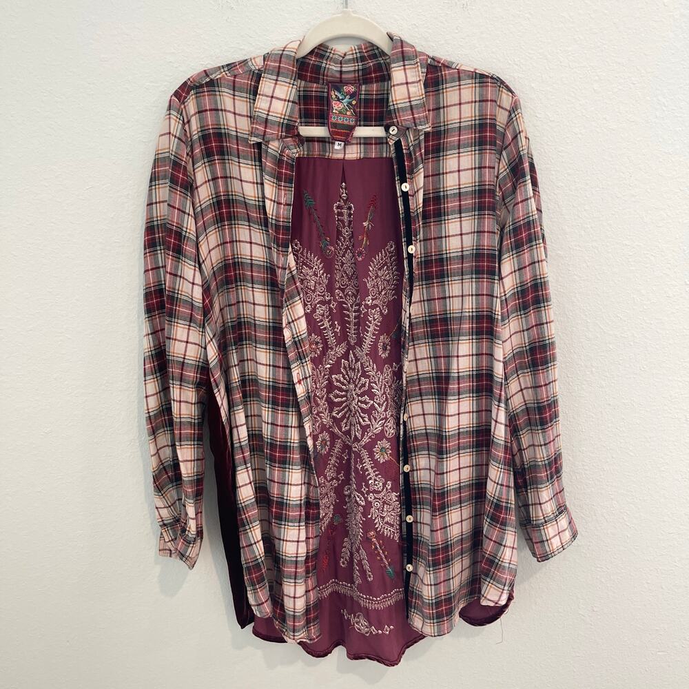 Johnny Was 3J Workshop Lorie Boho Plaid Button Down Embroidered Velvet Back Sz M - Picture 3 of 16